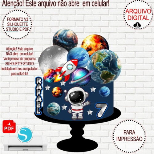 Arquivo de Corte Silhouette Topo de Bolo Astronauta Espaço Cideral p/Download
