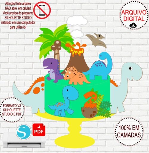 Arquivo de Corte Silhouette Topo de Bolo Dino Baby em Camadas