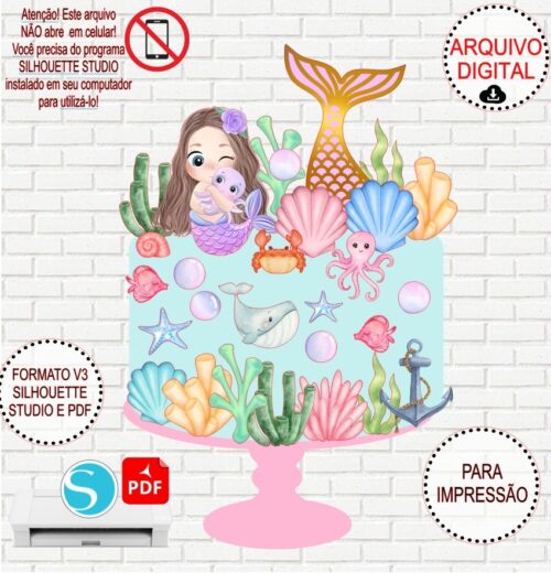 Arquivo de Corte Silhouette Topo de Bolo Sereia Aquarela