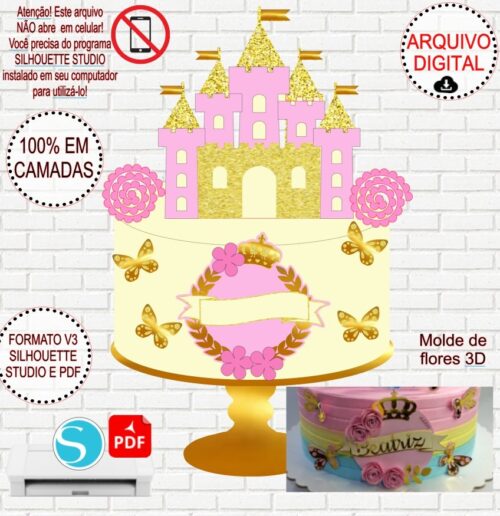 Arquivo de Corte Silhouette Topo de Bolo Castelo de Princesa em Camadas