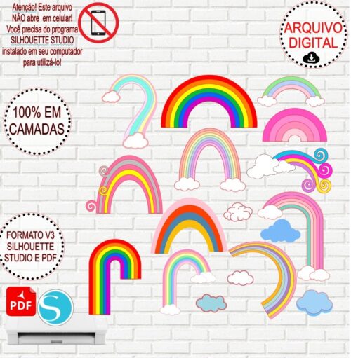 Arquivo de Corte Silhouette Combo Nuvens e Arco-Íris em Camadas