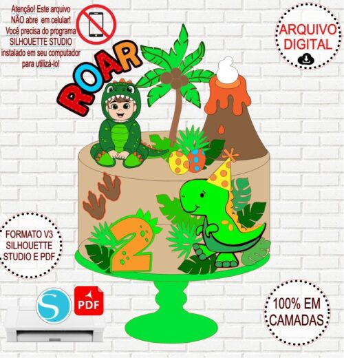 Arquivo de Corte Silhouette Topo de Bolo Dino Baby em Camadas Modelo2