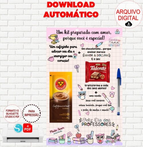 Arquivo de Corte Cartão Feliz Dia dos Professores Talento, Café, Caneta