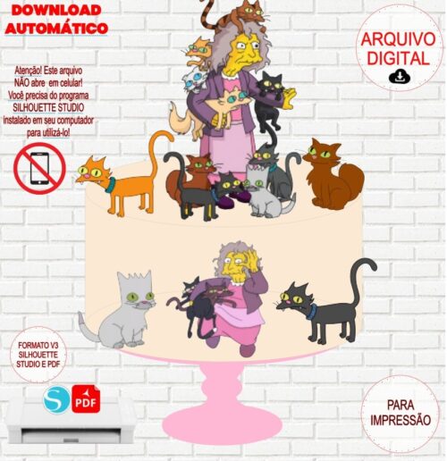 Arquivo de Corte Silhouette Topo de Bolo Velha dos Gatos Simpsons