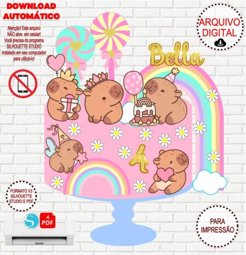 Arquivo de Corte Silhouette Topo de Bolo Capivara Fofinha