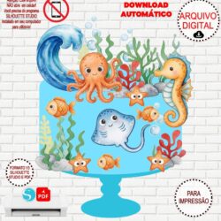 Arquivo de Corte Silhouette Topo de Bolo Fundo do Mar Aquarela Menino