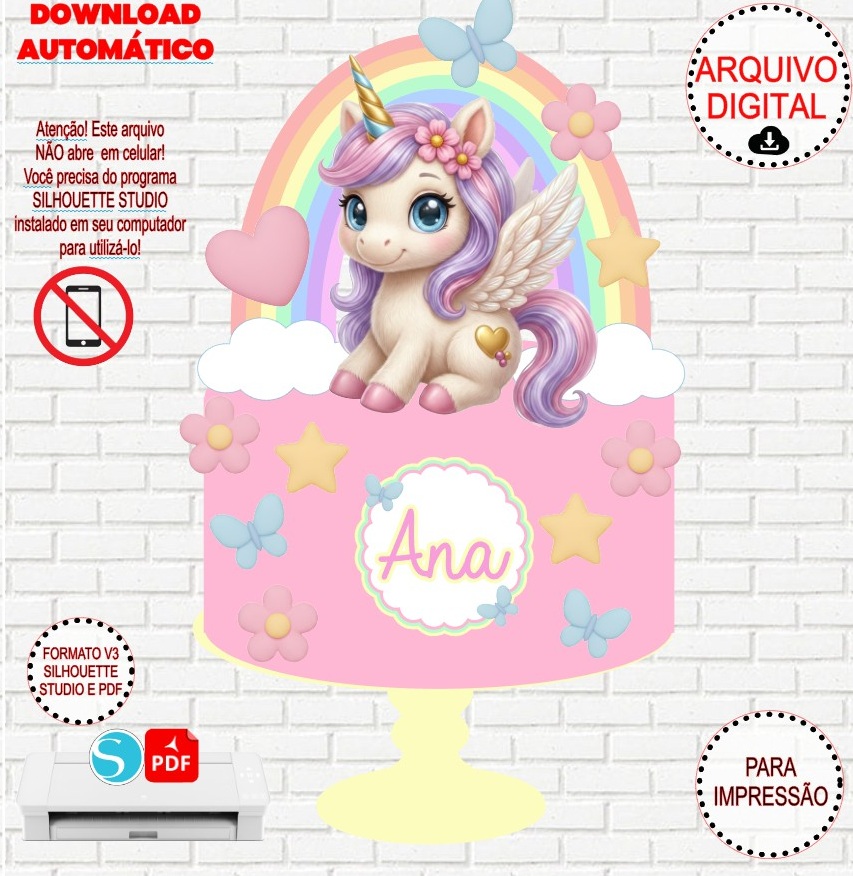Arquivo de Corte Silhouette Topo de Bolo Unicórnio