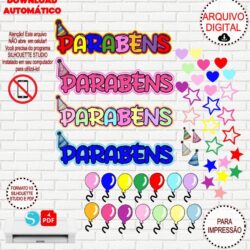 Arquivo de Corte Silhouette Topo de Bolo Parabéns + Elementos