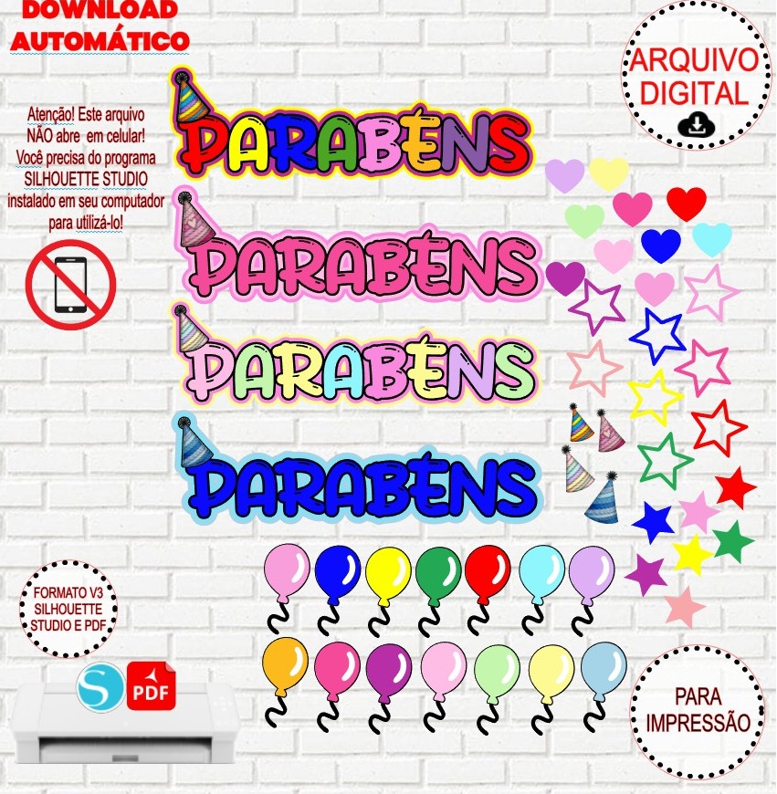 Arquivo de Corte Silhouette Topo de Bolo Parabéns + Elementos