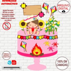 Arquivo de Corte Silhouette Topo de Bolo Festa Junina Bebê Menina em Camadas