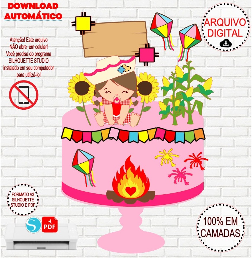 Arquivo de Corte Silhouette Topo de Bolo Festa Junina Bebê Menina em Camadas